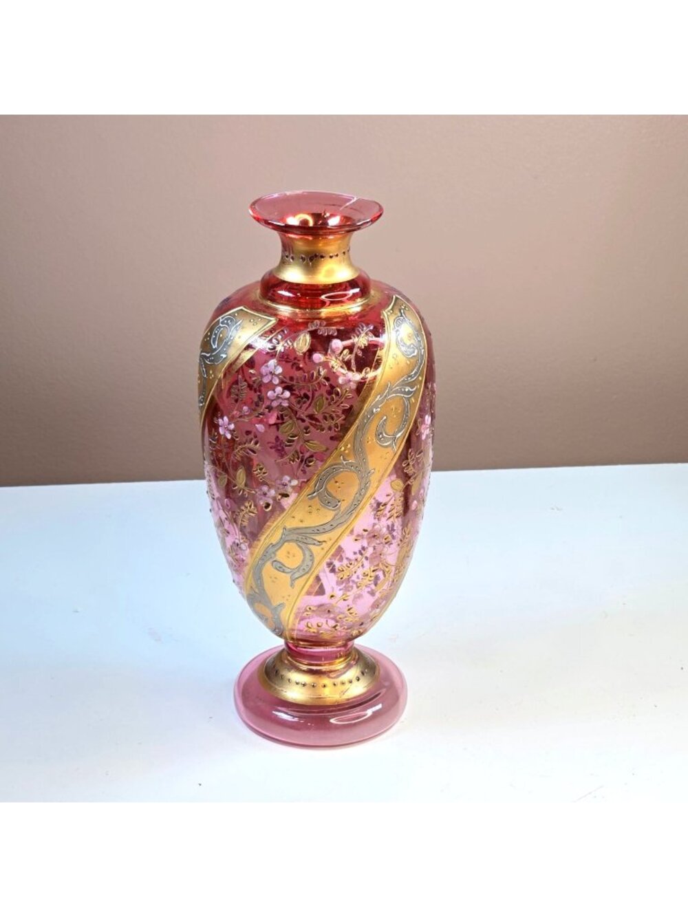 Antique Moser Cranberry Art Glass Vase Bohemian Hand-Painted silver Floral Gold
